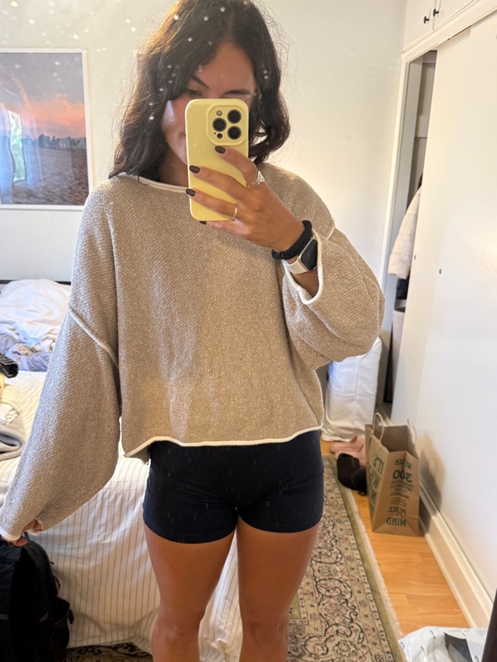 Free People Beige Cropped Boxy Sweatshirt with Contrast Trim